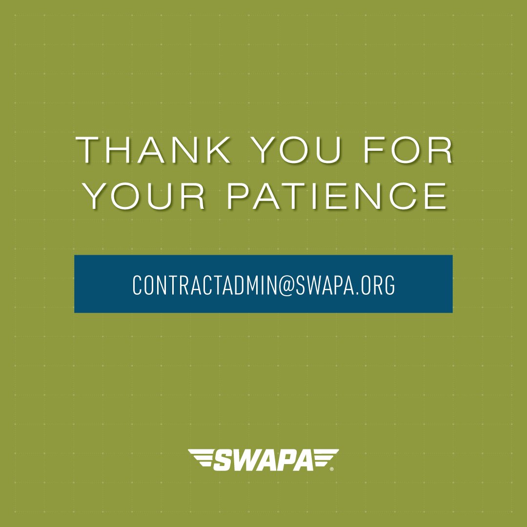 Southwest Airlines Pilots Association (@swapapilots) on Twitter photo Contract Admin thanks you all for your patience as they continue transitioning to the new customer service system. If possible, please direct inquiries to contractadmin@swapa.org, so that they may follow up as quickly as possible. Contract Admin thanks you all for your patience as they continue transitioning to the new customer service system. If possible, please direct inquiries to contractadmin@swapa.org, so that they may follow up as quickly as possible.