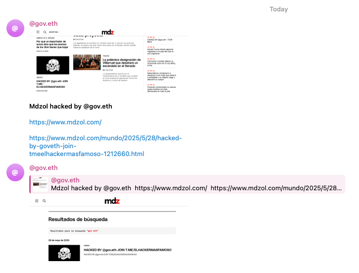 _venarix_'s tweet photo. 🚨🇦🇷 The hacker #GovEth has claimed responsibility via Telegram for the #cyberattack on MDZ Online (@mdzol). The website experienced a brief defacement, visible for only a few minutes.

#MDZOnline is a digital media outlet based in Mendoza, Argentina 🇦🇷.

Stay informed, monitor cyber threats, and sign up for free on VenariX 👉 https://t.co/bgVoqcFful

#WebDefacement #Media #News #BreakingNews #Infosec #CyberSecurity #Ciberseguridad #Argentina #Hackers #MDZ