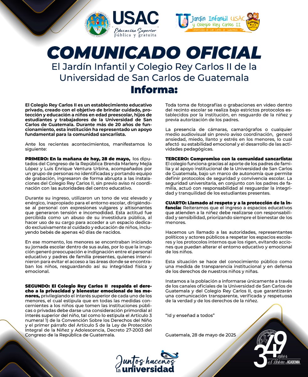 📢 COMUNICADO OFICIAL

El Colegio Rey Carlos II de la Universidad de San Carlos de Guatemala informa a la comunidad universitaria y a la opinión pública sobre los hechos ocurridos la mañana del 28 de mayo, que pusieron en riesgo la integridad de niños, incluyendo bebés de apenas