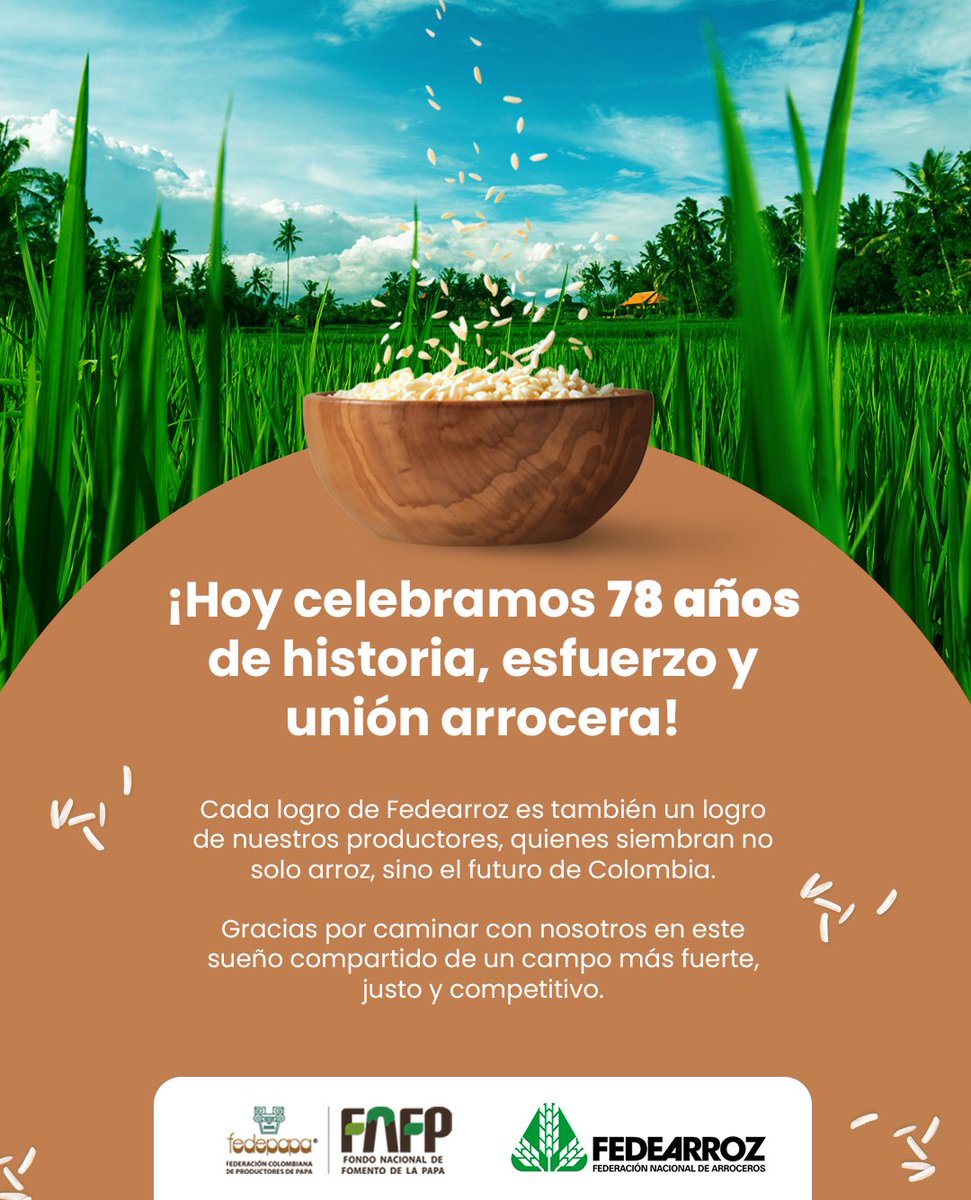 ¡Hoy estamos de fiesta! Desde Fedepapa celebramos con <a href="/FEDEARROZGREMIO/">FEDEARROZ</a> otro año de crecimiento, innovación y sostenibilidad para la agricultura colombiana.  Gracias a todos los que han sido parte de este camino, cultivando con pasión y apostando con calidad. ¡Feliz aniversario!