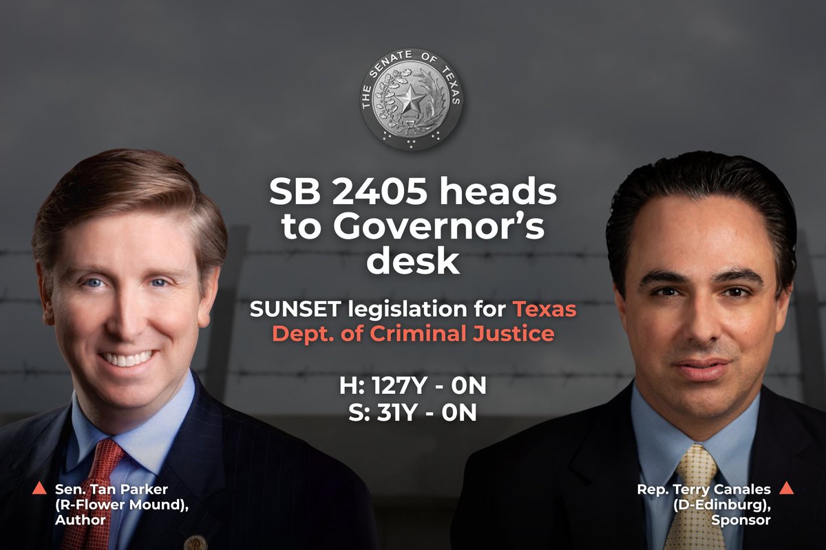 Texas 2036 (@texas2036) on Twitter photo 📢 JUST IN: The Texas Senate has unanimously passed SB 2405, the #TDCJ Sunset Bill!
👏 Congratulations to Sen. <a href="/TanParkerTX/">Senator Tan Parker</a> and Rep. <a href="/TerryCanales40/">Terry Canales</a> on this major win for #txjustice.
Next stop: the Governor's desk. #txlege 📢 JUST IN: The Texas Senate has unanimously passed SB 2405, the #TDCJ Sunset Bill!
👏 Congratulations to Sen. <a href="/TanParkerTX/">Senator Tan Parker</a> and Rep. <a href="/TerryCanales40/">Terry Canales</a> on this major win for #txjustice.
Next stop: the Governor's desk. #txlege
