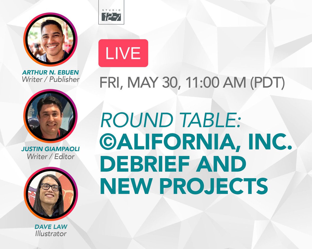 Excited to talk shop with <a href="/ArtEbuen/">Arthur N. Ebuen</a> and #DaveLaw about wrapping up the #CaliforniaInc mini-series, and teasing all our new projects. Join us LIVE on <a href="/instagram/">Instagram</a>!