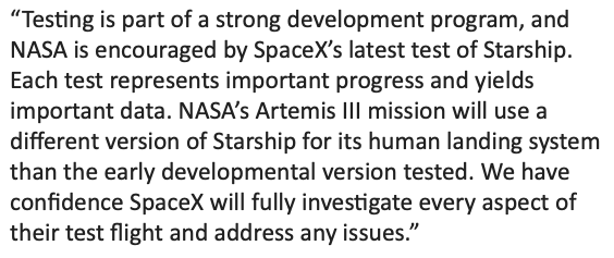NASA statement on Starship Flight 9: