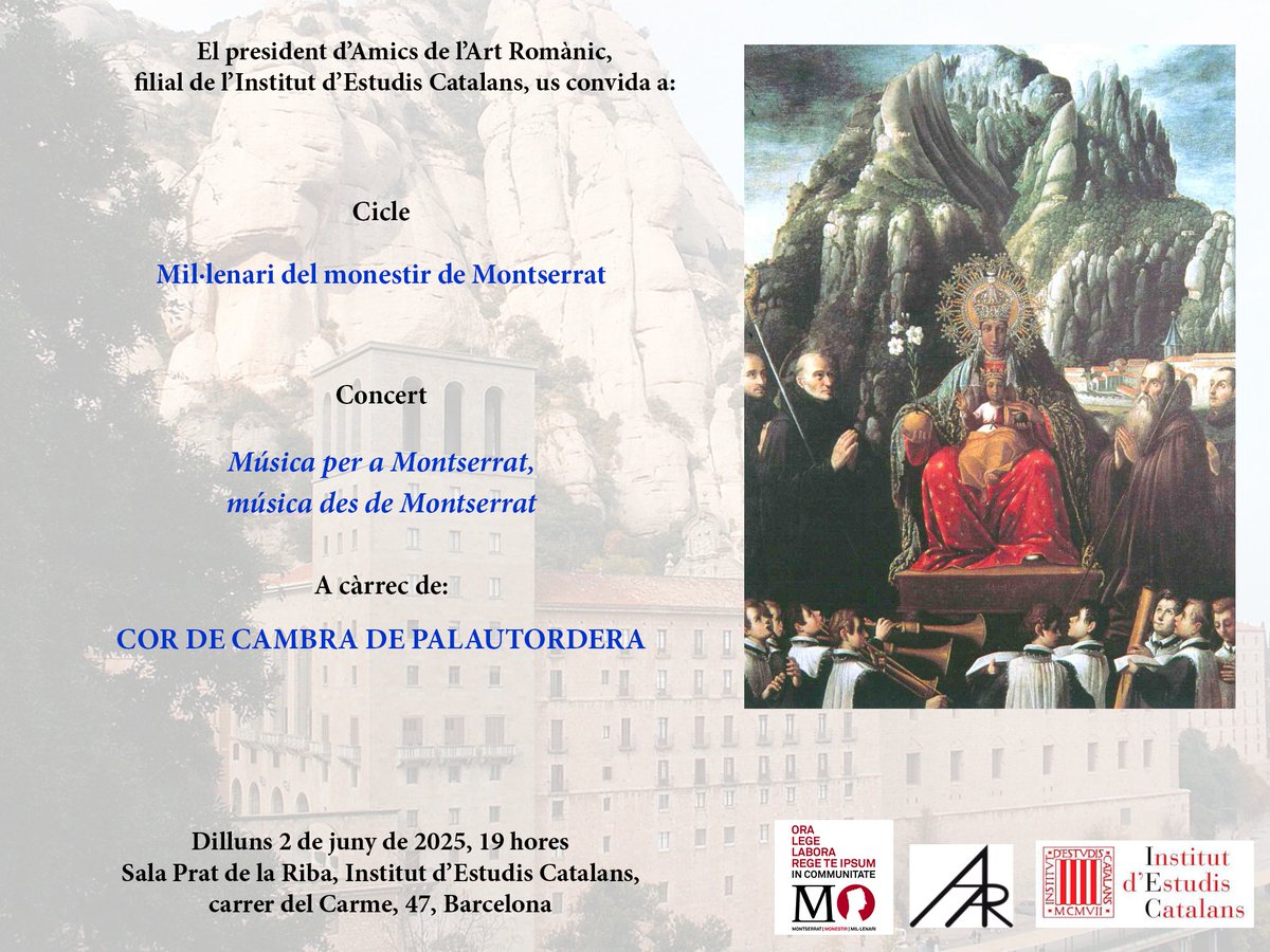 Dilluns tanquem el cicle dedicat al mil·lenari de Montserrat amb un concert dedicat a la música montserratina.
Dilluns, 2 de juny, 19 h, sala Prat de la Riba de l'Institut d'Estudis Catalans, carrer del Carme, 47, Barcelona