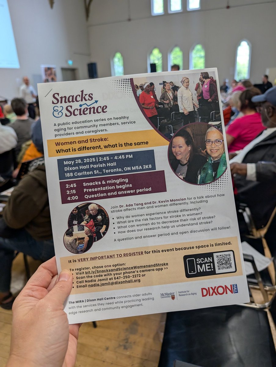 MIRAMcMaster's tweet image. We are at @dixon_hall today, for another #SnacksandScience session. @McMasterU's Ada Tang and Kevin Moncion are sharing the later research from their lab @MacstrokeCan on #women and #stroke - how sex and gender influence risk and recovery.