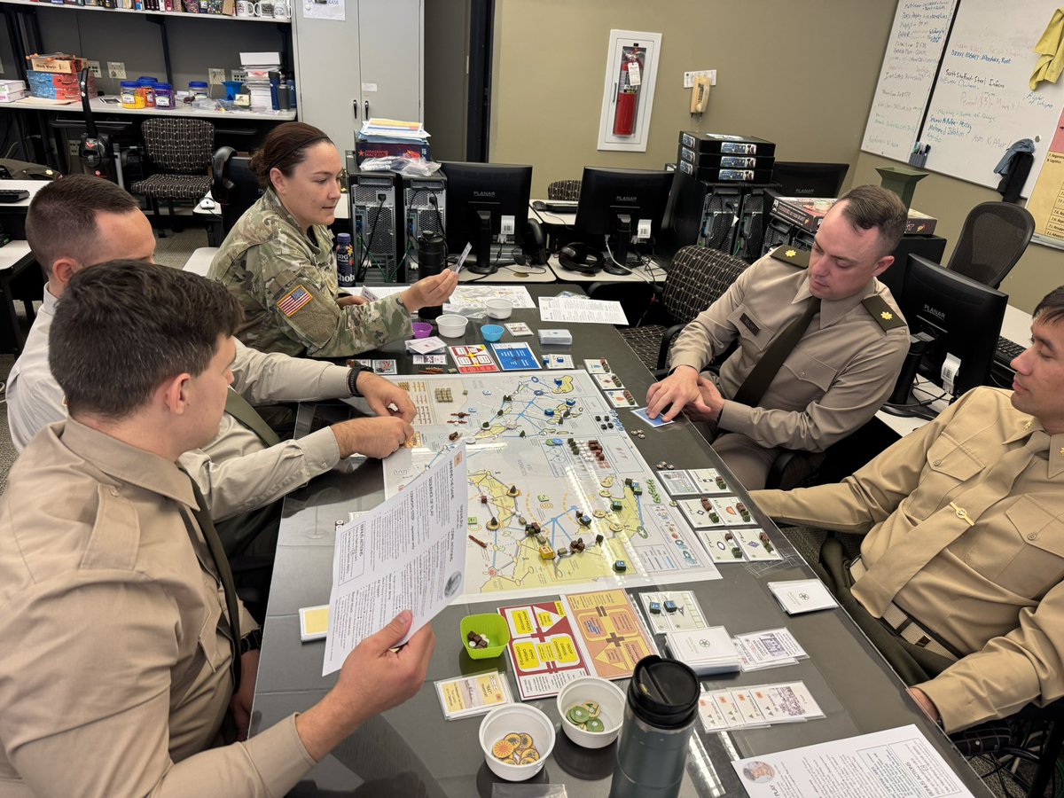 Teaching Race to Rabaul this morning to <a href="/HistorianAbel/">Dr. Jonathan Abel</a> History through #Wargaming. RTR is a logistics focused game from Volko Ruhnke and <a href="/___PHALANX/">PHALANX</a> coming soon.  Our students <a href="/USACGSC/">U.S. Army CGSC</a> <a href="/ArmyUniversity/">The Army University</a> are getting first crack at this #wargaming prototype!!!