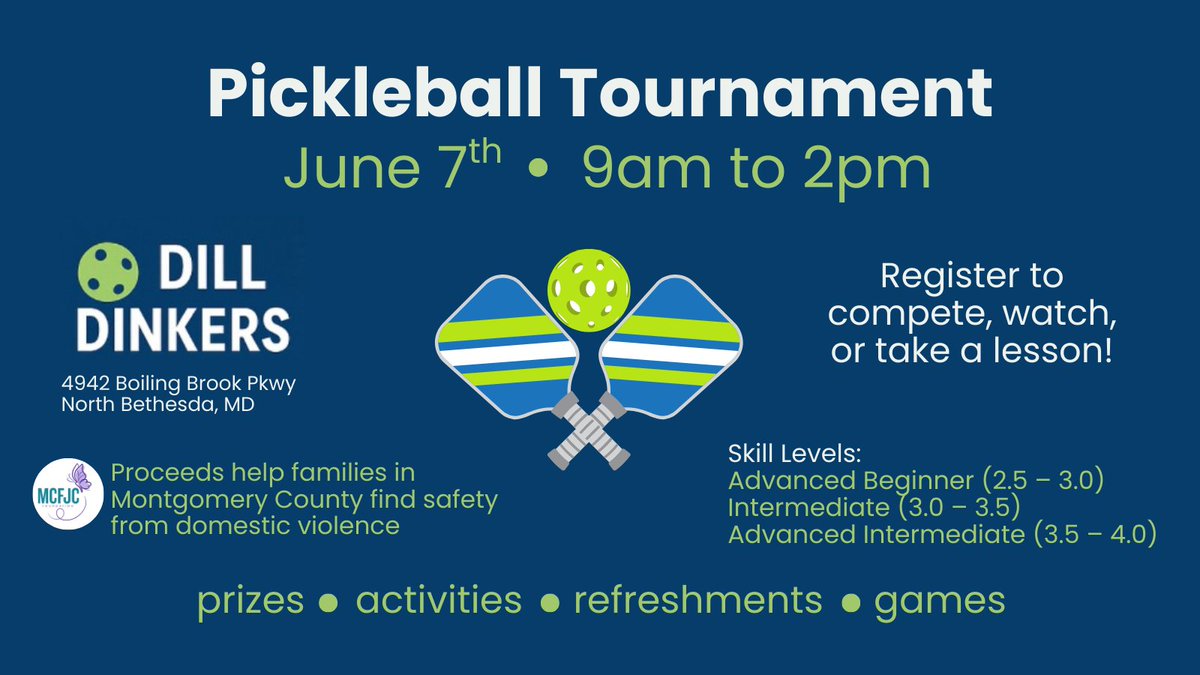 Time is running out to sign up for the pickleball tournament! Advanced Beginner (2.5) to Advanced Intermediate (4.0) players: sign up to compete! Your registration supports a great cause - keeping the community safe from #domesticviolence. Sign up today: mcfjcf.ejoinme.org/tickets
