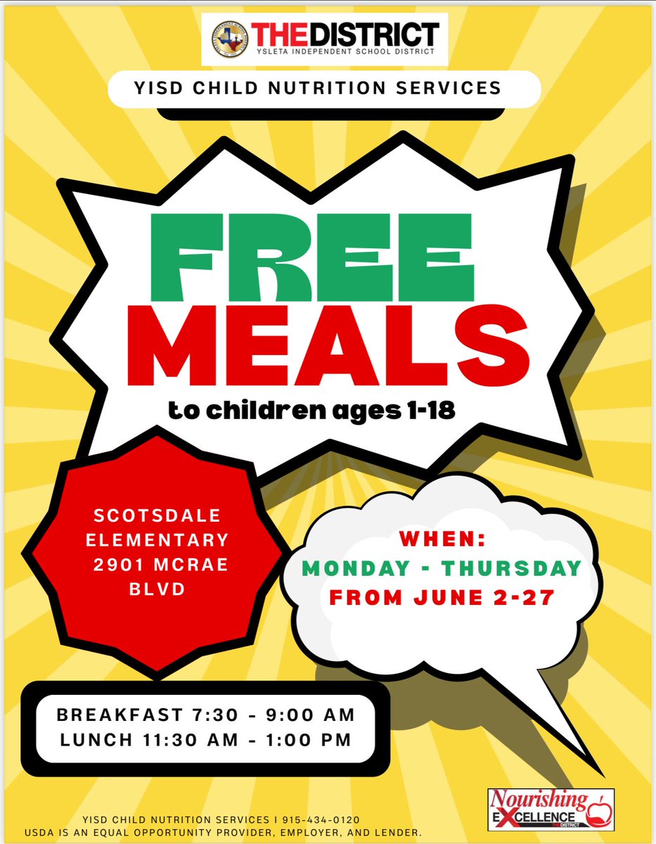 YISD Child Nutrition π (@yisdnutrition) on Twitter photo More summer meals! βοΈπ₯ͺ New sites:
π Scotsdale Elementary
π Del Valle Elementary
π Parkland Middle
Free to all children ages 1-18!
<a href="/YsletaISD/">Ysleta ISD</a>
<a href="/YISDAthletics1/">YISD Athletics</a>
<a href="/B_Russ_Garcia/">Bobbi R. Garcia</a> More summer meals! βοΈπ₯ͺ New sites:
π Scotsdale Elementary
π Del Valle Elementary
π Parkland Middle
Free to all children ages 1-18!
<a href="/YsletaISD/">Ysleta ISD</a>
<a href="/YISDAthletics1/">YISD Athletics</a>
<a href="/B_Russ_Garcia/">Bobbi R. Garcia</a>