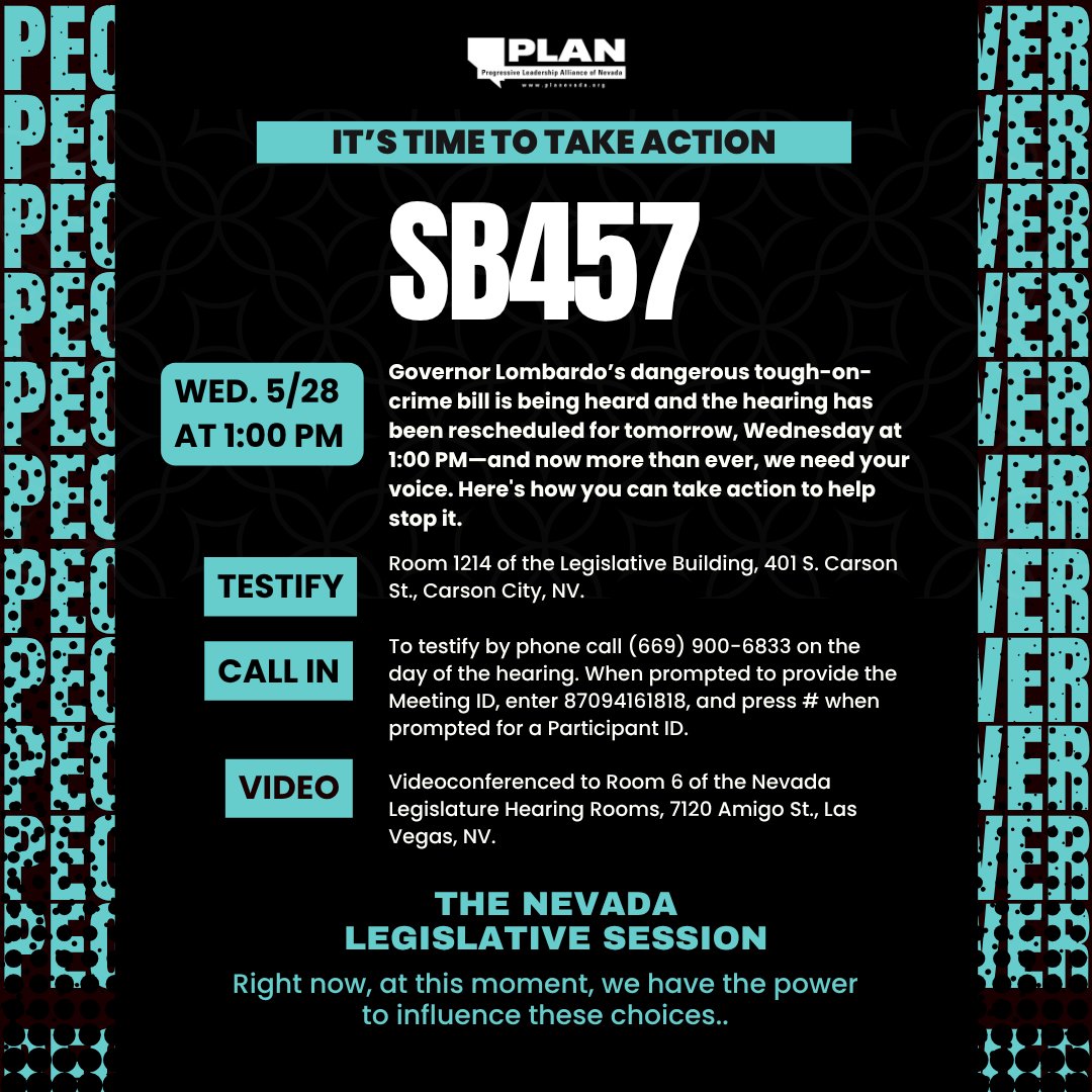PLANevada's tweet photo. #SB457 is being heard NOW!
Tune in on Youtube or use the call in info below to testify!
https://t.co/mzV4e7vvv1 https://t.co/xF0CcqaonT
