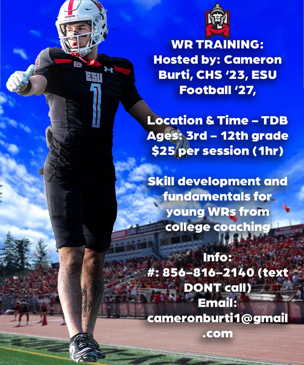 ATTENTION WIDEOUTS &amp; DBs: 2023 Cherokee graduate and current ESU wide receiver Cameron Burti will be hosting local training sessions throughout the spring and summer! Shoot him a text and get yourself to work on preparing for the 2025 season!
#PridePoiseWin
