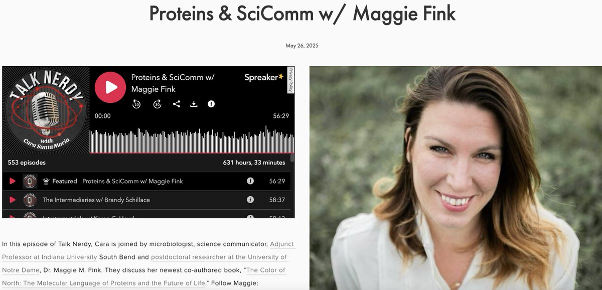 Cara Santa Maria (@carasantamaria) on Twitter photo This week on <a href="/TalkNerdy_Pod/">Talk Nerdy Podcast 🎙🎧</a> I talk proteins and #scicomm with Prof. of biochemistry, Maggie Fink.
Her new book is: “The Color of North: The Molecular Language of Proteins and the Future of Life.”
<a href="/maggiemfink/">Maggie Fink Ph.D.</a>
👇🏼 Listen on #TalkNerdy 👇🏼
carasantamaria.com/podcast/maggie… This week on <a href="/TalkNerdy_Pod/">Talk Nerdy Podcast 🎙🎧</a> I talk proteins and #scicomm with Prof. of biochemistry, Maggie Fink.
Her new book is: “The Color of North: The Molecular Language of Proteins and the Future of Life.”
<a href="/maggiemfink/">Maggie Fink Ph.D.</a>
👇🏼 Listen on #TalkNerdy 👇🏼
carasantamaria.com/podcast/maggie…