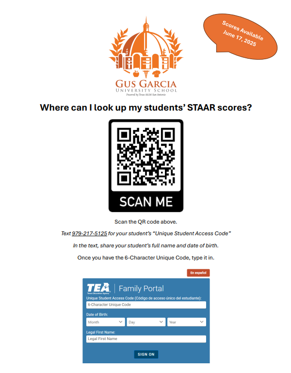 GusUniversity's tweet photo. Want to know your students' STAAR scores?
Scores are available in the Parent Portal on June 17, 2025.
Follow the directions in the flyer for more information. https://t.co/AYyq6grXSB