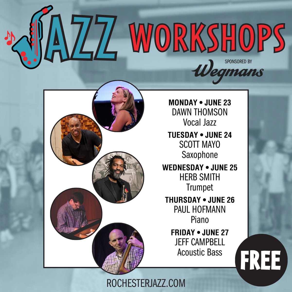 Rochester International Jazz Festival (@rocjazzfest) on Twitter photo Music students of all ages! Take advantage of our FREE Jazz Workshops held during the festival. Sponsored by <a href="/Wegmans/">Wegmans Food Markets</a> they offer the opportunity to meet, play with, and learn from professional musicians performing at the festival. No registration is required.
Hosted by Bob Music students of all ages! Take advantage of our FREE Jazz Workshops held during the festival. Sponsored by <a href="/Wegmans/">Wegmans Food Markets</a> they offer the opportunity to meet, play with, and learn from professional musicians performing at the festival. No registration is required.
Hosted by Bob