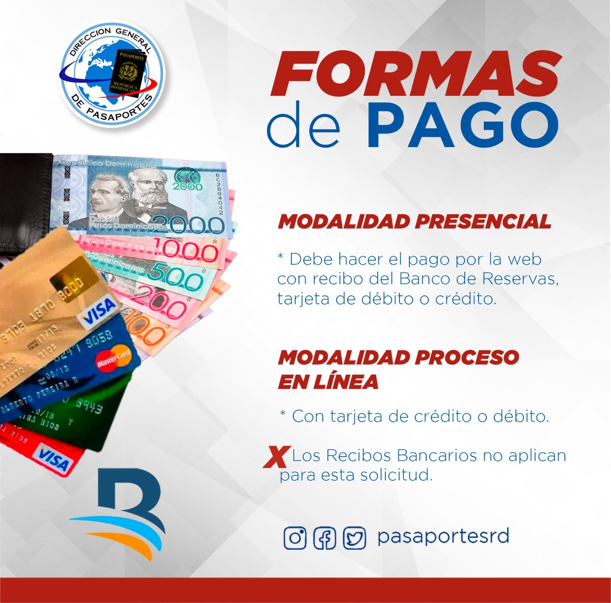 Formas de pago según la solicitud de pasaporte:

Si realizas tu solicitud en la modalidad presencial puedes pagar vía web con recibo bancario, tarjeta de crédito y débito.

Si realizas el proceso en línea, solo aplica tarjeta de crédito o débito. Los recibos bancarios no están