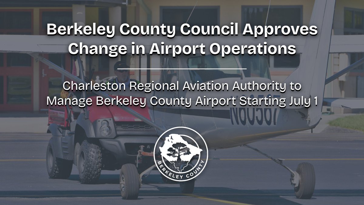 Berkeley County Council approved an agreement with the Charleston Regional Aviation Authority (formerly Charleston County Aviation Authority) to manage and operate the Berkeley County Airport, located at 616 Whitesville Road in Moncks Corner. Council approved this agreement at