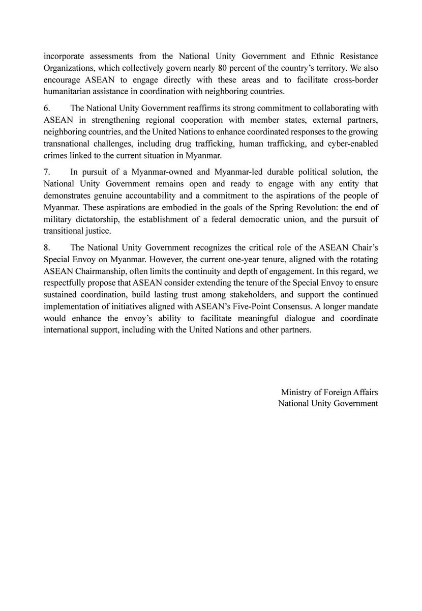 NUG MoFA Statement (5/2025) - 28 May 2025

The National Unity Government’s Position on the ASEAN Leaders’ Statement on an Extended and Expanded Ceasefire in Myanmar