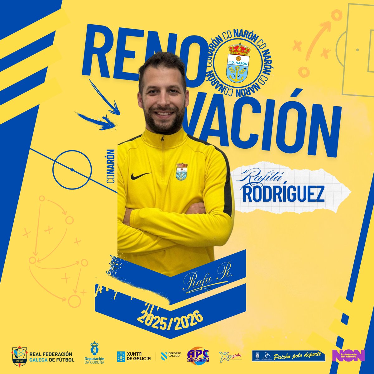 📋Comunicado Oficial | "Rafita" Rodríguez seguirá como adestrador do primeiro equipo a vindeira tempada.

🧐O capitán do barco renova o seu compromiso e dedicación ao noso club.

¡Tempada ilusionante! ✨

#CDNaron2526 #CDNaron