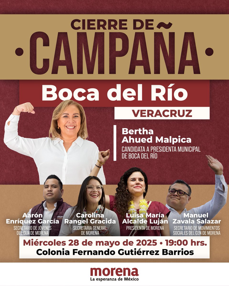 PartidoMorenaMx's tweet image. ¡Con Bertha Ahued Malpica vamos a ganar en Boca del Río, Veracruz! 🗳️

La cita es a las 19:00 hrs en la Colonia Fernando Gutiérrez Barrios, estará presente la dirigencia nacional de #Morena y un municipio unido rumbo a las próximas elecciones, en las que ya vibra la…