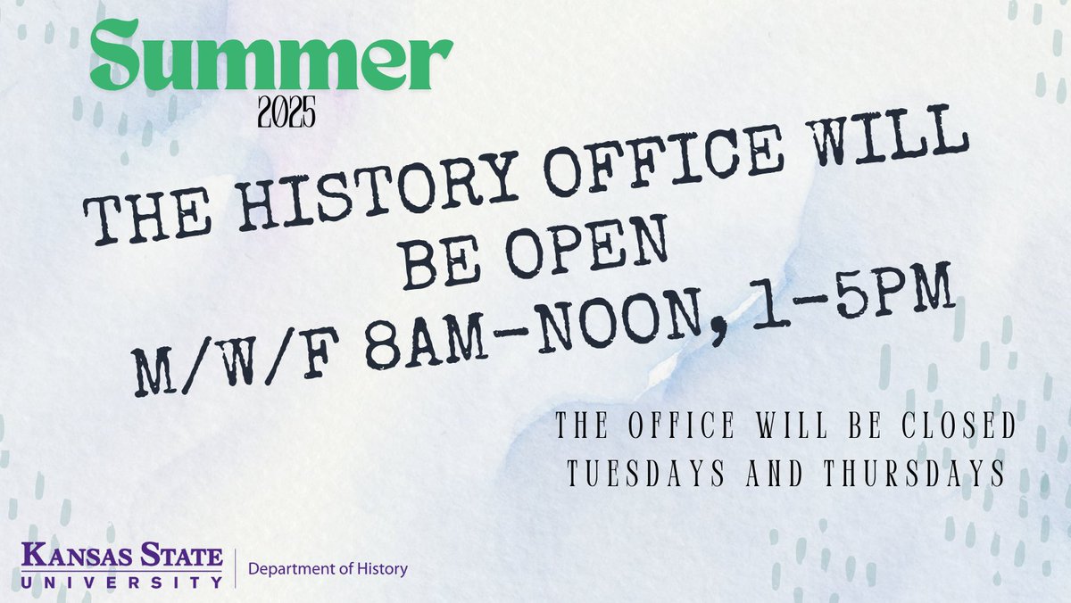 The History Department office will be open MWF during normal hours, and closed on Tuesdays and Thursdays this summer.
