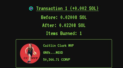 50,000 Tokens Burned for Caitlin Clark missing today's game!

We will burn 50K per game until she returns!  And then we go back to burning 50K for every Double Double and 250K for every triple double.

#CCMVP
$CCMVP