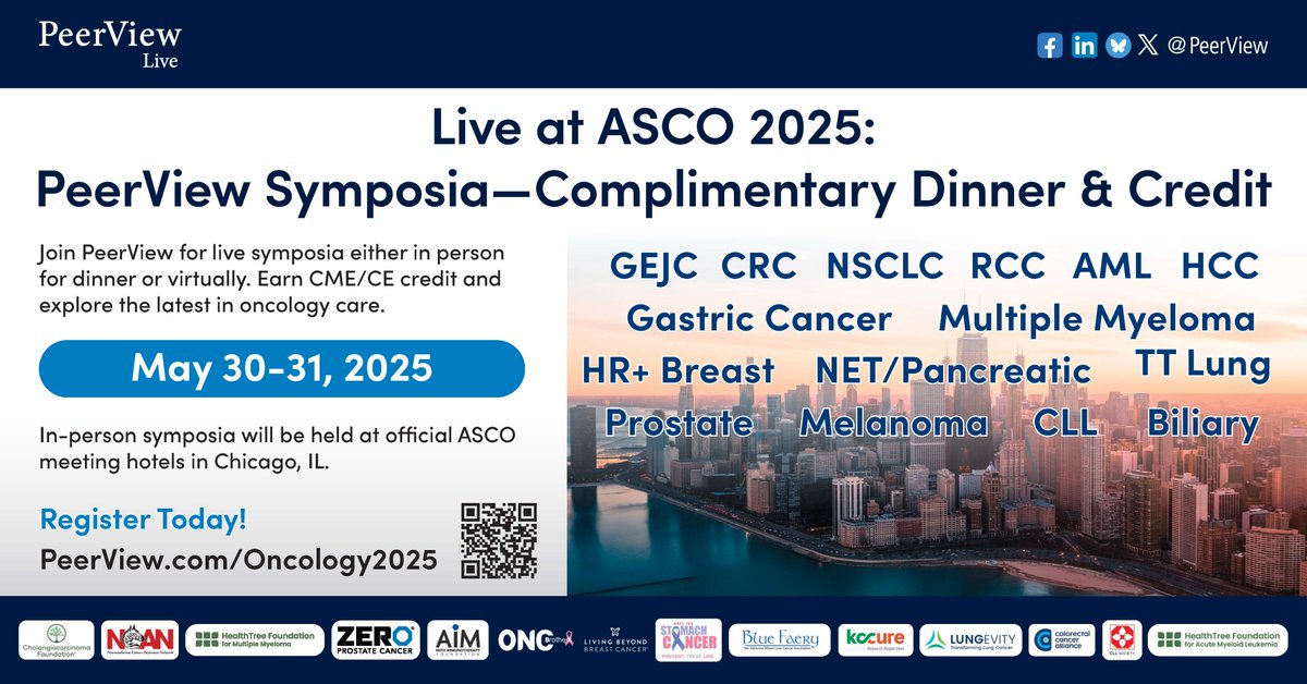 🎉 Just 2️⃣ days away!
Join PeerView for 15+ expert-led #CME symposia May 30–31 at #ASCO25!
🍽️ Dinner included
🎓 Free CME
🚌 McCormick shuttles to:
Gate 31 – Hyatt
Gate 26 – Hilton
Gate 21 – Sheraton
🔗 bit.ly/Onc25T
❌ No ASCO reg needed for PeerView events only