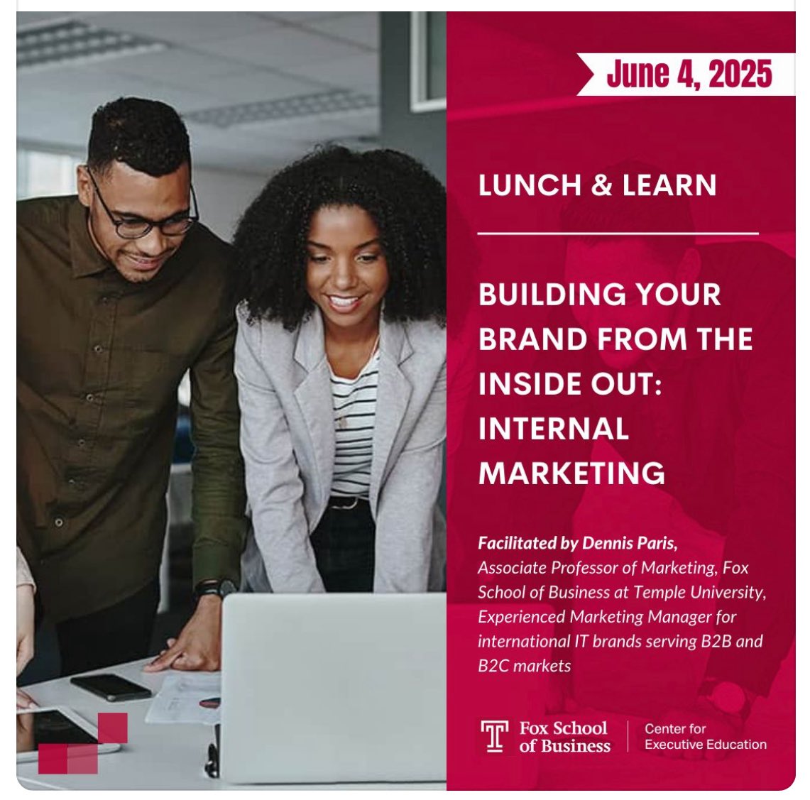 You don’t want to miss this FREE Lunch &amp; Learn on June 4. (Did I mention … “free”?). 

Hosted by the <a href="/foxschoolba3102/">foxschool</a> and expertly led by Prof Dennis A. Paris

Register today: lnkd.in/eWbZXuZb 

<a href="/TempleUniv/">Temple University</a> 

#execed #foxexeced #marketing #brand #training #LunchandLearn