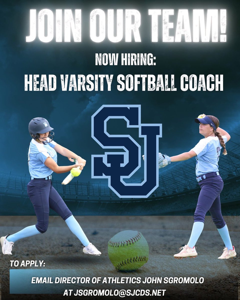 St. Johns Country Day School Athletics (@sjcdsathletics) on Twitter photo NOW HIRING: St. Johns Country Day School is seeking out the next leader of our Varsity Softball Program. To apply, please email resume to Director of Athletics John Sgromolo at jsgromolo@sjcds.net
Go Spartans! NOW HIRING: St. Johns Country Day School is seeking out the next leader of our Varsity Softball Program. To apply, please email resume to Director of Athletics John Sgromolo at jsgromolo@sjcds.net
Go Spartans!