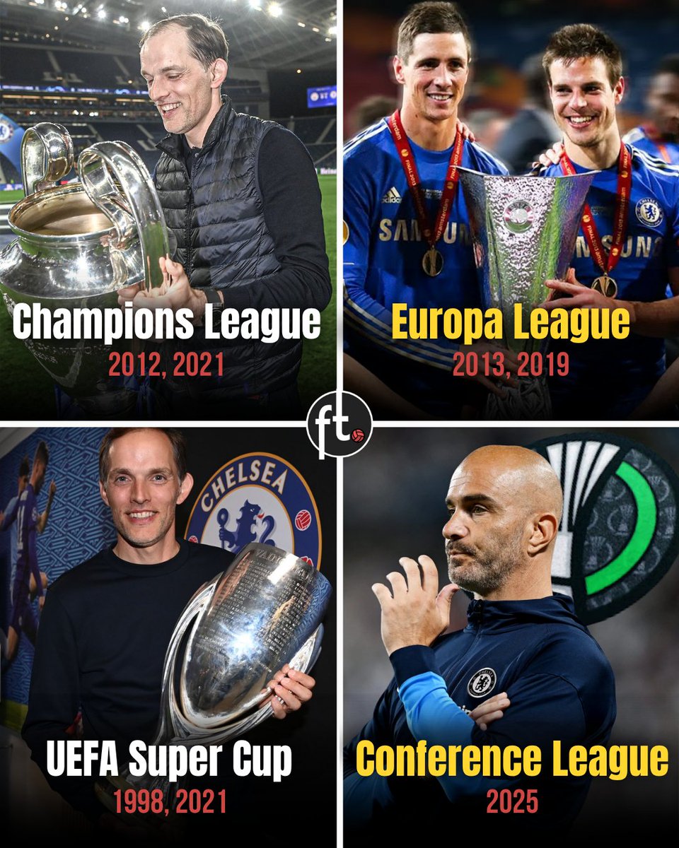 🚨 𝗢𝗙𝗙𝗜𝗖𝗜𝗔𝗟: Chelsea are the FIRST CLUB IN HISTORY to win all four European trophies:

🏆✅ Champions League
🏆✅ Europa League
🏆✅ Conference League
🏆✅ UEFA Super Cup