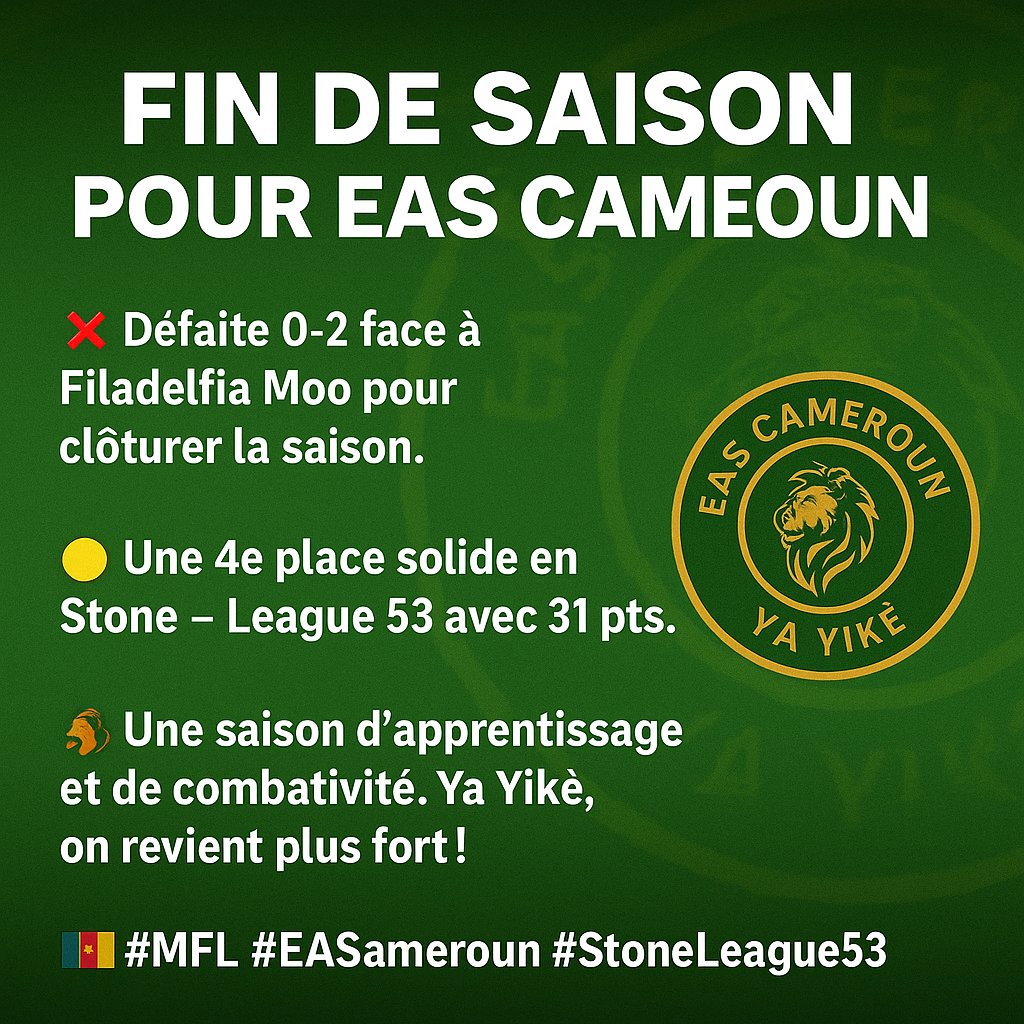 eas_mfl's tweet photo. 🔚 FIN DE SAISON POUR EAS CAMEROUN !

❌ Défaite 0-2 face à Filadelfia Moo pour clôturer la saison.

🟡 Une 4e place solide en Stone – League 53 avec 31 pts.

🦁 Une saison d’apprentissage et de combativité. On revient plus fort !

🇨🇲 #MFL #EASCameroun #StoneLeague53 #YaYikè https://t.co/Zv0vxA3yAg