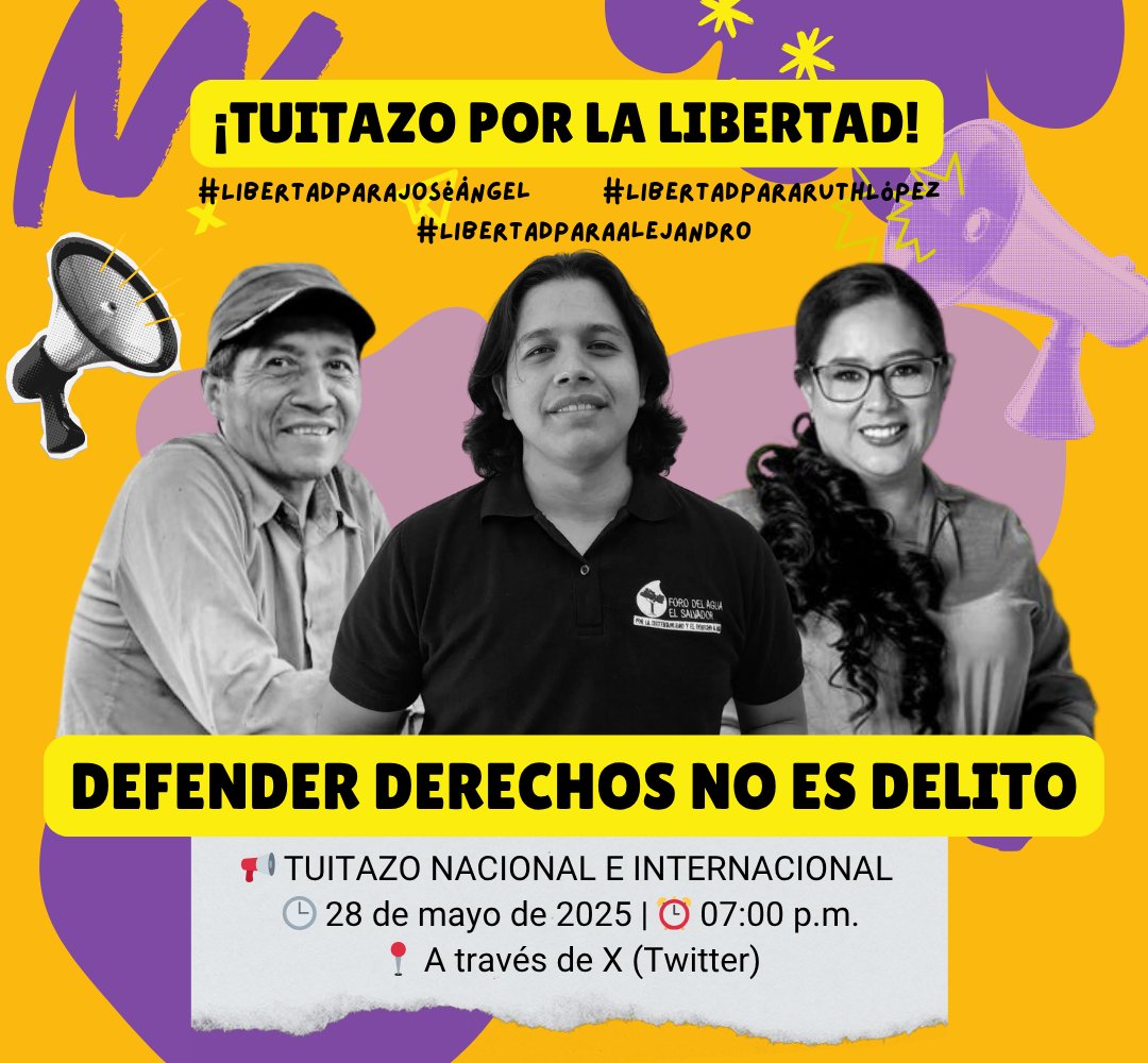 ForodelaguaSV's tweet photo. Este viernes 30 de mayo se realizará la audiencia contra nuestros compañeros Alejandro Henríquez y Ángel Pérez, criminalizados por defender la tierra, la dignidad y la vida

🔊 Hoy más que nunca, alcemos la voz: #LibertadParaAlejandro
#LibertadParaJoséÁngel
#LibertadParaRuthLópez https://t.co/6yqWbNIcBR