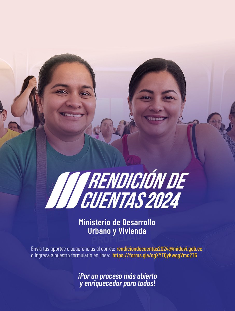 ¡#ElNuevoEcuador se fortalece con tu participación! 🙋‍♀️

Envíanos tus preguntas o temas que te gustaría que tratemos en nuestra #RendiciónDeCuentas2024. 🏡🇪🇨

Ingresa al formulario en línea 👉bit.ly/RDC2024Miduvi