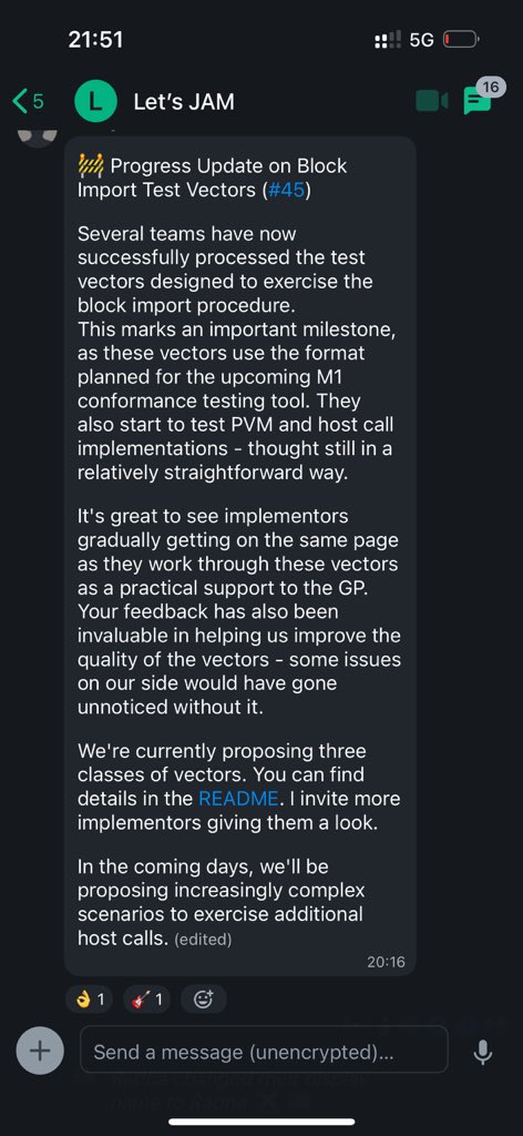🚧 JAM M1 Test Vectors Milestone

As <a href="/_davxy_/">Davide Galassi @davxy@mastodon.social</a> shared, multiple teams are now passing the block import test vectors — aligned with the upcoming M1 conformance tool.

This means:
✅ Host calls being exercised
✅ PVMs booting up
✅ Real progress across the board

Teams passing so