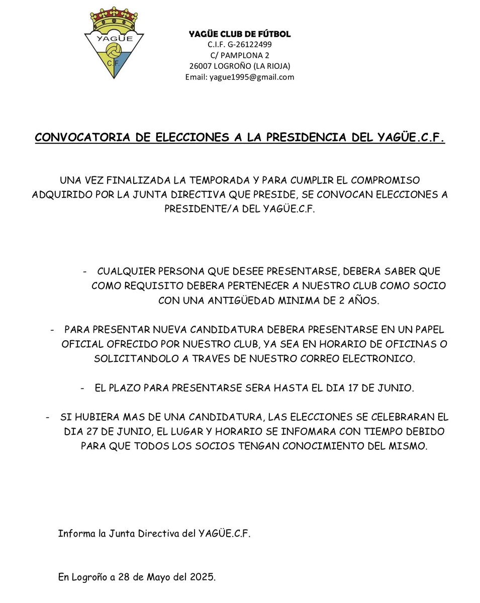 🚨🚨ASAMBLEA🚨🚨
Informamos que el proximo 17 de Junio del 2025 realizaremos la asamblea GENERAL y la asamblea EXTRAORDINARIA, asi mismo convocamos las elecciones a presidencia.
💛💛VAMOS YAGÜE💛💛