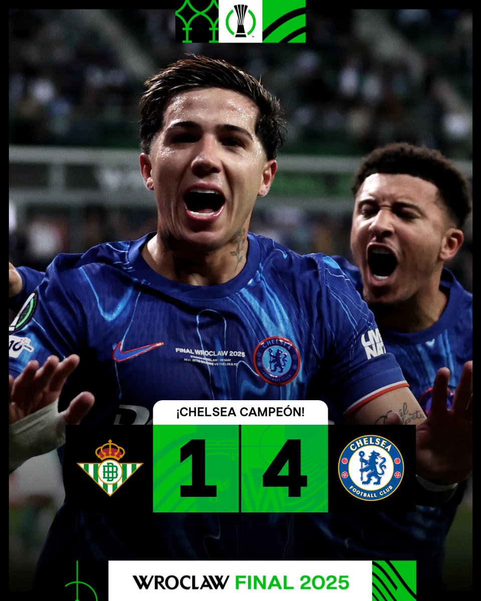 ⏹ 𝐅𝐈𝐍𝐀𝐋 ⏹

🏆 Enzo, Jackson, Sancho y Caicedo coronan al Chelsea en Breslavia‼ 

𝑹𝑬𝑨𝑪𝑪𝑰𝑶𝑵𝑬𝑺
<a href="/RealBetis/">Real Betis Balompié 🌴💚</a> 🆚 <a href="/ChelseaFC_Sp/">Chelsea FC en español</a> 
👉 tinyurl.com/2k5mu9ke 

#UECLfinal