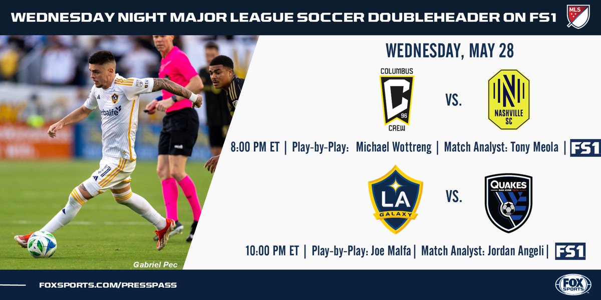 FOX Sports PR (@foxsportspr) on Twitter photo Tonight on <a href="/FS1/">FS1</a>, <a href="/MLS/">Major League Soccer</a> stars with a doubleheader featuring <a href="/ColumbusCrew/">The Crew</a> vs. <a href="/NashvilleSC/">Nashville SC</a> at 8 PM ET and <a href="/LAGalaxy/">LA Galaxy</a> vs. <a href="/SJEarthquakes/">San Jose Earthquakes</a> at 10 PM ET. Tonight on <a href="/FS1/">FS1</a>, <a href="/MLS/">Major League Soccer</a> stars with a doubleheader featuring <a href="/ColumbusCrew/">The Crew</a> vs. <a href="/NashvilleSC/">Nashville SC</a> at 8 PM ET and <a href="/LAGalaxy/">LA Galaxy</a> vs. <a href="/SJEarthquakes/">San Jose Earthquakes</a> at 10 PM ET.