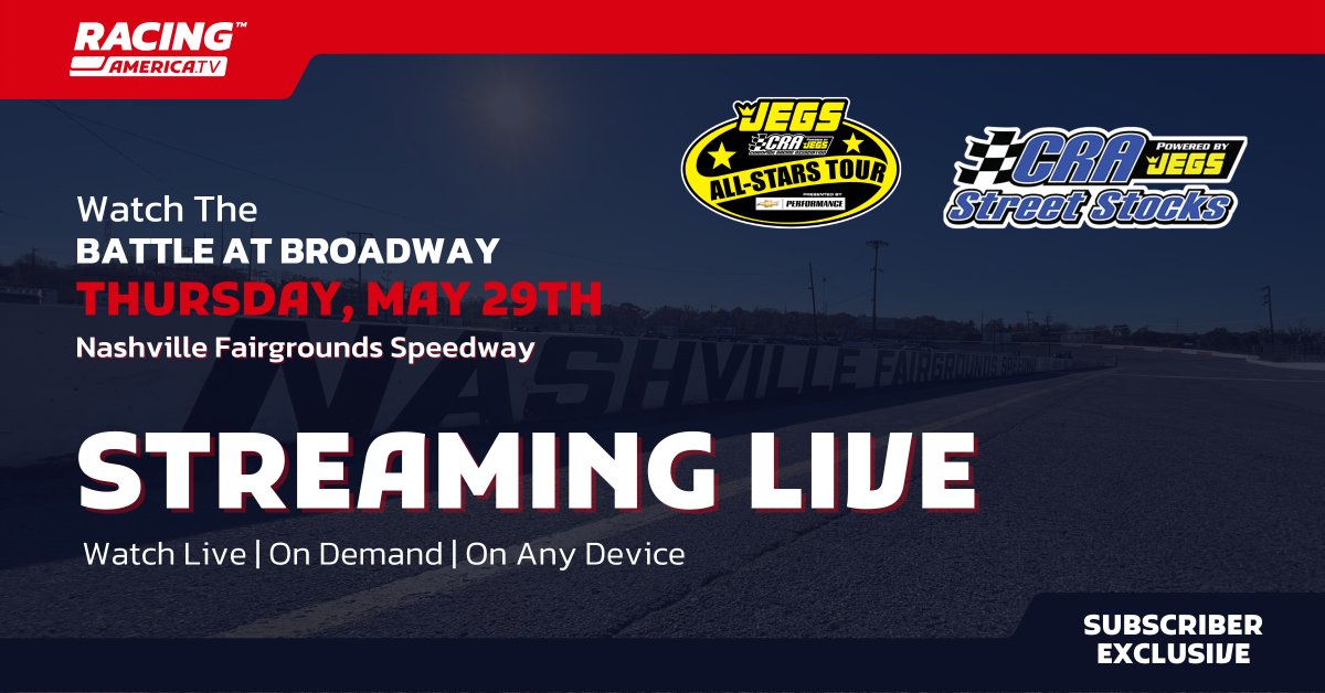 Racing America (@racingamerica) on Twitter photo ⚔️The Battle At Broadway⚔️
Thursday night, <a href="/RaceFairgrounds/">Nashville Fairgrounds Speedway</a> welcomes the JEGS/CRA All-Stars Tour for the Battle at Broadway, joined by <a href="/CRAracing/">CRA Racing</a> Street Stocks.
🗓️Thursday, May 29
🕖7:00PM ET
📺How to Watch: offer.racingamerica.com ⚔️The Battle At Broadway⚔️
Thursday night, <a href="/RaceFairgrounds/">Nashville Fairgrounds Speedway</a> welcomes the JEGS/CRA All-Stars Tour for the Battle at Broadway, joined by <a href="/CRAracing/">CRA Racing</a> Street Stocks.
🗓️Thursday, May 29
🕖7:00PM ET
📺How to Watch: offer.racingamerica.com