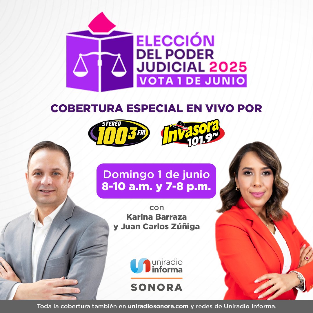 🔊 Cobertura Especial 🗳️ Elección del Poder Judicial 2025. 
Nos preparamos para llevarte una cobertura completa este 1ro de junio. ¡Queremos que estés informado en todo momento!  
📻 A través de Invasora 101.9 y Stereo 100.3, con <a href="/juanczuniga/">Juan Carlos Zúñiga</a> y <a href="/Karina_BarrazaV/">Karina Barraza</a>.