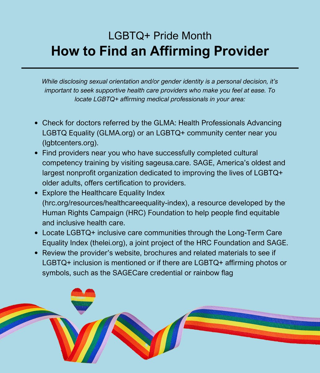 Rush Alzheimer's Disease Center (@rushalzheimers) on Twitter photo For LGBTQ+ adults, fear of discrimination and a history of negative interactions with healthcare providers may be an obstacle to seeking care.
Here is guidance from <a href="/alzassociation/">Alzheimer's Association</a> on how to seek out an affirming provider. Read more at alz.org/help-support/r…
#PrideMonth For LGBTQ+ adults, fear of discrimination and a history of negative interactions with healthcare providers may be an obstacle to seeking care.
Here is guidance from <a href="/alzassociation/">Alzheimer's Association</a> on how to seek out an affirming provider. Read more at alz.org/help-support/r…
#PrideMonth