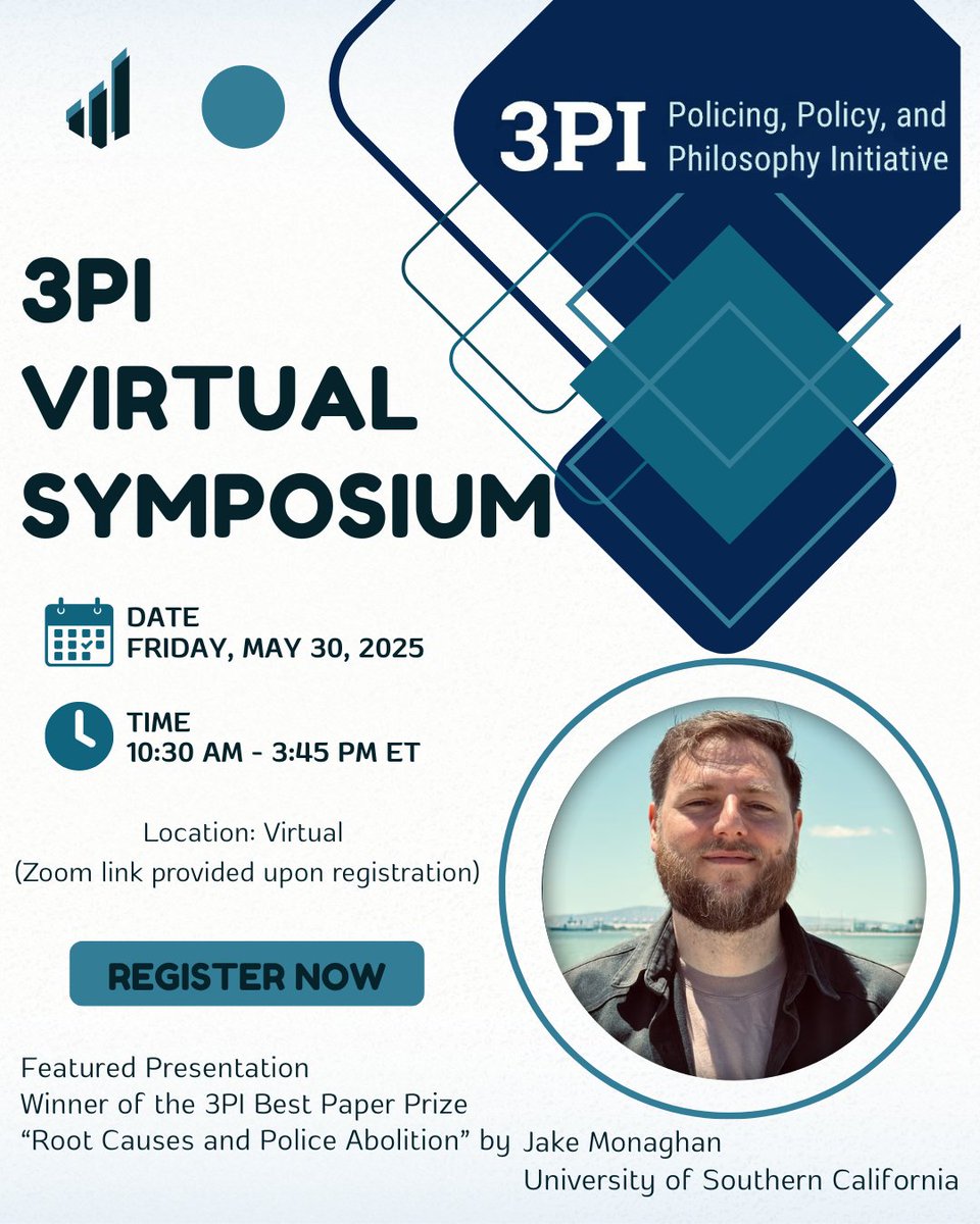 Join us for the 3PI Virtual Symposium on May 30, 2025! Explore cutting-edge research at the intersection of policing, policy &amp; philosophy.  

Free &amp; open to the public!  

Register here: 
psu.zoom.us/meeting/regist…

#3PI #PolicingPolicyPhilosophy #PennState #VirtualEvent #Justice