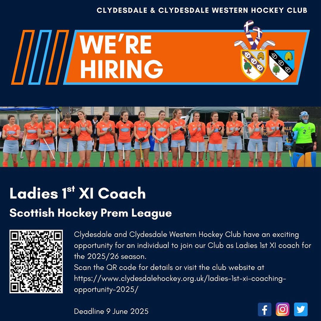 Job Opportunity 🏑

Clydesdale Western are looking for a head coach for our 1st XI. Our ladies 1st XI recently qualified for a European 2026 spot, finished 2nd in the premiership and won bronze at EuroHockey Club Trophy II. 

🏑🟦🟧🟦🟧
#monthedale #monthedalewestern