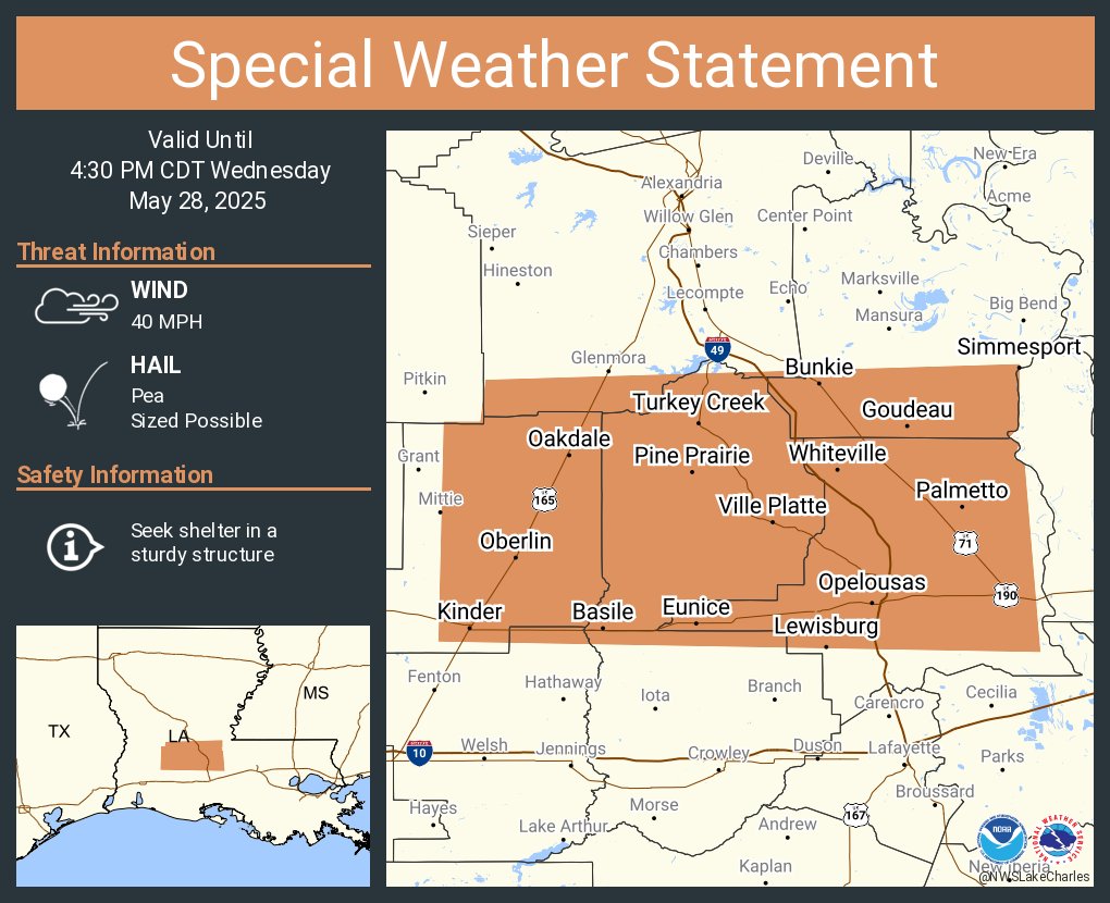 A special weather statement has been issued for Opelousas LA, Eunice LA and  Oakdale LA until 4:30 PM CDT
