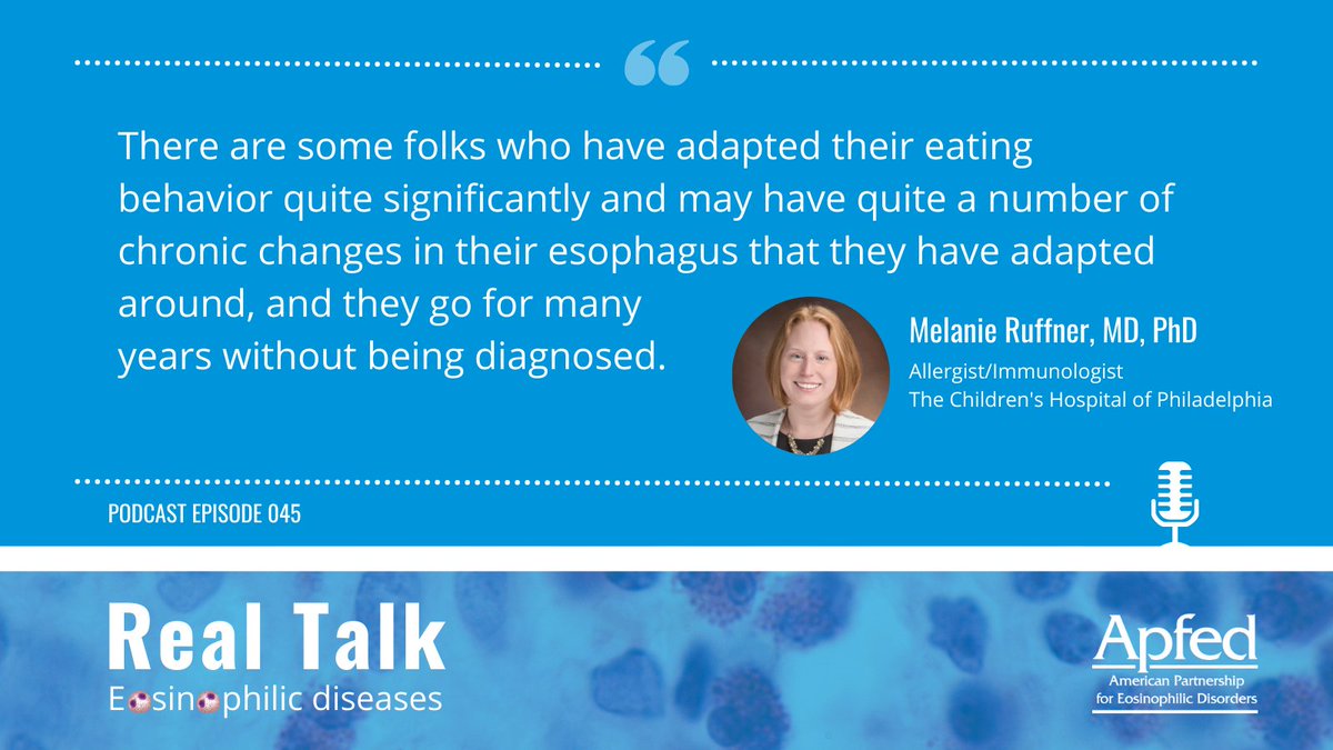 Don't miss our latest podcast episode, "Comparing Pediatric and Adult #EoE" with featured guest Melanie Ruffner, MD, PhD at apfed.org/podcast and subscribe on Apple, Spotify, Audible, and more.