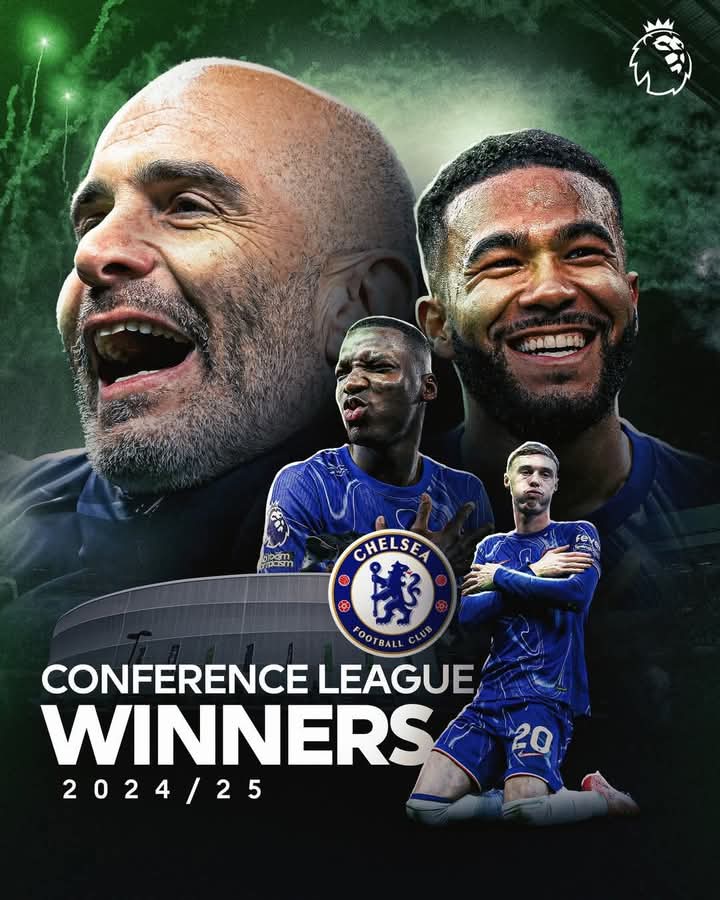 TROPHIES SET IS COMPLETE 💯 
CONFERENCE LEAGUE ✅ 
EUROPA LEAGUE ✅ 
CHAMPIONS LEAGUE  ✅ 

BLUE IS THE COLOR 😂💪💪

Weep not
Nicholas Jackson