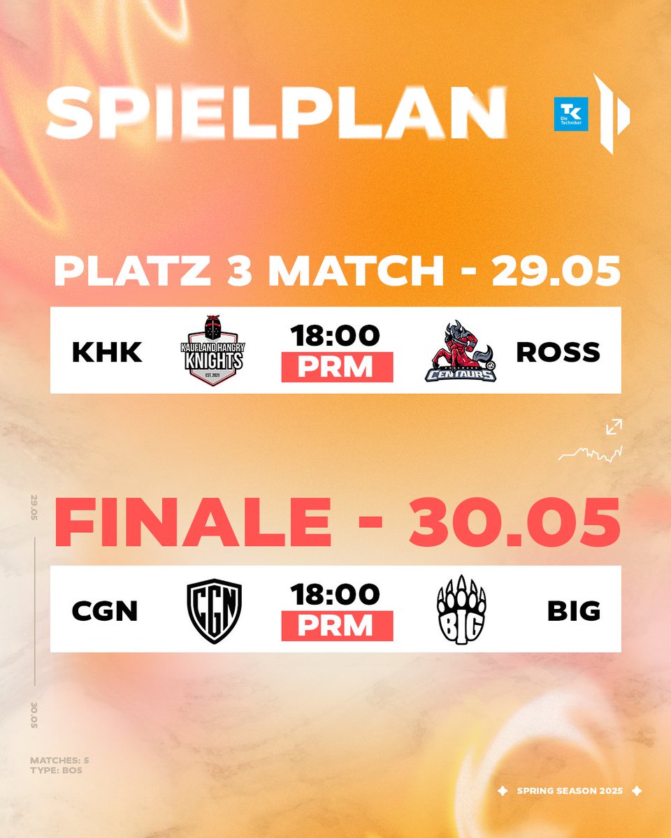 Kurz und knackig: Finale Freitag 18 Uhr! 
<a href="/cgnesportsgg/">CGN Esports</a> vs <a href="/BIGCLANgg/">BIG</a>!

Aber vorher noch das Match um Platz 3 <a href="/HangryKnights/">Kaufland Hangry Knights</a> vs <a href="/HNVRxROSSMANN/">ROSSMANN Centaurs</a> 
Donnerstag 18 Uhr!

BE THERE OR BE VIERKANT!