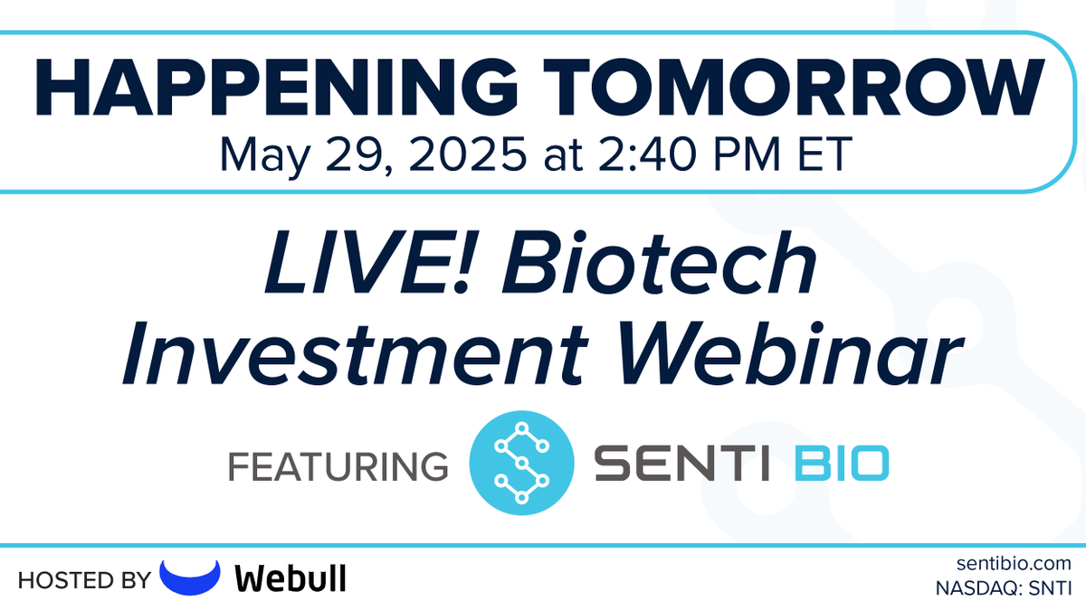 Senti Biosciences (@sentibio) on Twitter photo #HappeningTomorrow, May 29 — join the LIVE! Biotech Investment Webinar hosted by <a href="/WebullGlobal/">Webull</a>. Hear directly from $SNTI management at 2:40 PM ET on our latest progress in #CellTherapy and #CARNK.
🔗 Register here: bit.ly/3YVeBBa
#AML #AcuteMyeloidLeukemia #HappeningTomorrow, May 29 — join the LIVE! Biotech Investment Webinar hosted by <a href="/WebullGlobal/">Webull</a>. Hear directly from $SNTI management at 2:40 PM ET on our latest progress in #CellTherapy and #CARNK.
🔗 Register here: bit.ly/3YVeBBa
#AML #AcuteMyeloidLeukemia