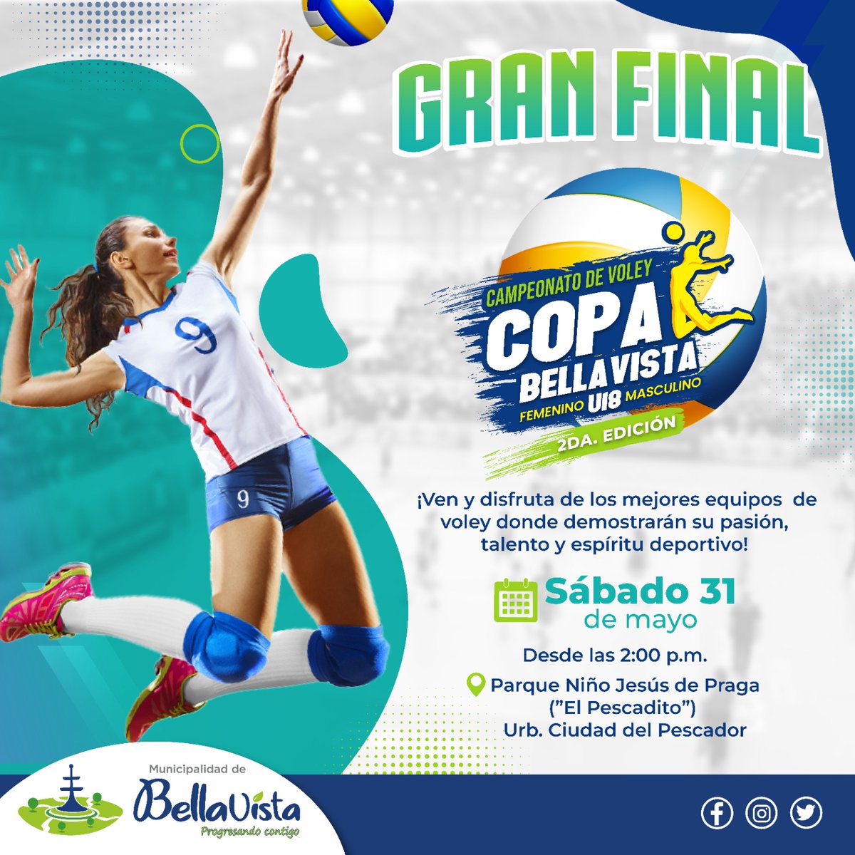 Este sábado 31, acompáñanos a disfrutar de la Gran Final de la 2da. Edición de la Copa de Vóley Bellavista U18 en las categorías femenino y masculino. 🏐🤾‍♀️🤾 ¡Acompáñanos a vivir una tarde llena de deporte y talento juvenil!