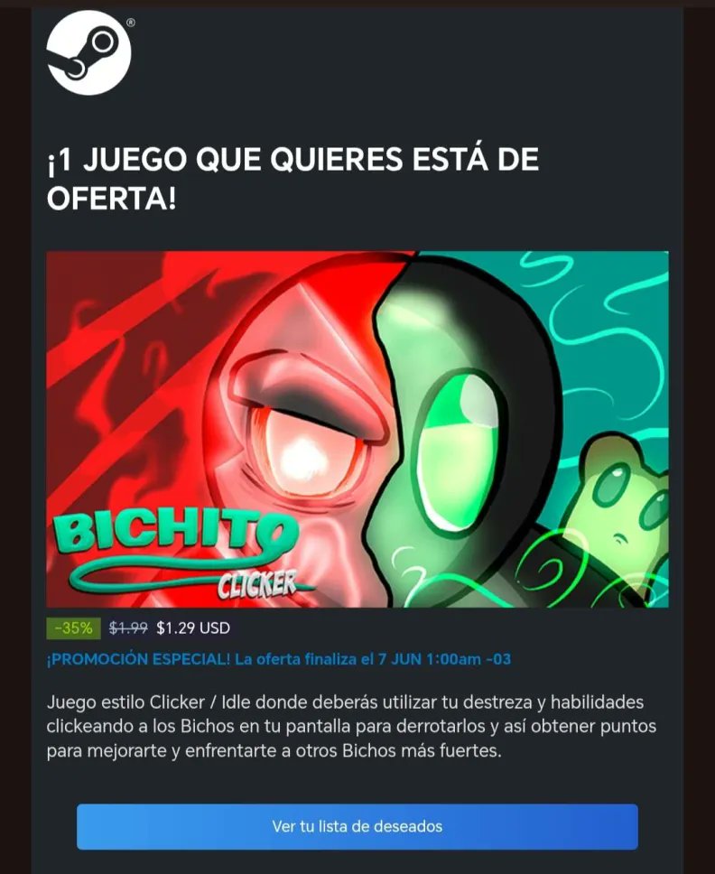 35% de descuneto en Bichito. El precio final depende de la zona donde Steam los tiene registrados. Saludos.