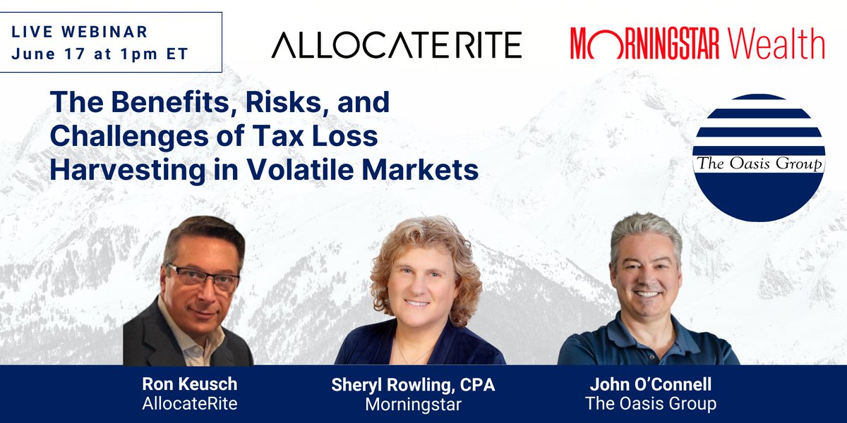 The Oasis Group (@theoasisgrp) on Twitter photo In our upcoming webinar on 6/17 at 1pm ET, featuring John O'Connell of The Oasis Group, Ron Keusch of <a href="/AllocateRite/">AllocateRite</a> & Sheryl Rowling of <a href="/MorningstarInc/">Morningstar, Inc.</a>, learn the ins and outs of tax loss harvesting – especially during times of market volatility. Register: register.gotowebinar.com/register/43372… In our upcoming webinar on 6/17 at 1pm ET, featuring John O'Connell of The Oasis Group, Ron Keusch of <a href="/AllocateRite/">AllocateRite</a> & Sheryl Rowling of <a href="/MorningstarInc/">Morningstar, Inc.</a>, learn the ins and outs of tax loss harvesting – especially during times of market volatility. Register: register.gotowebinar.com/register/43372…