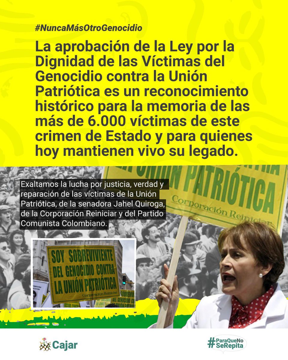 🌷Saludamos la aprobación de la Ley por la Dignidad de las Víctimas del Genocidio contra la Unión Patriótica. Tras #40AñosDeLaUP, esta ley dignifica la memoria de los dirigentes, militantes y simpatizantes que fueron víctimas de una estrategia de exterminio por motivos políticos