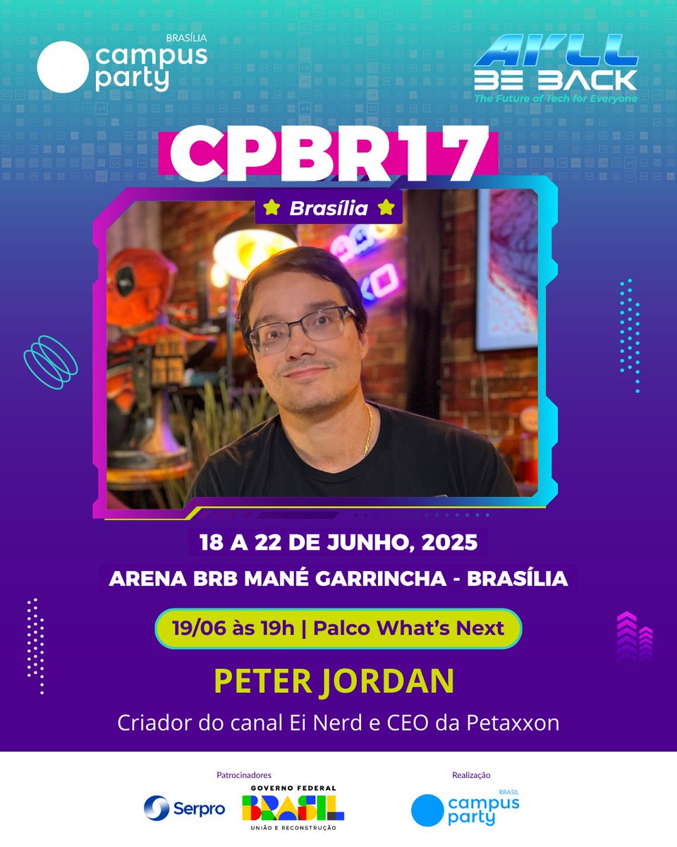 Na semana do Orgulho Nerd, o maior nerd YouTuber do Brasil está confirmado na #CPBR17! @<a href="/peterjordan100/">Peter</a>, criador do canal Ei Nerd e do Nerds de Negócios, sobe ao palco em 19/06 às 19h. Garanta seu ingresso: bit.ly/CPBR17 📍 Brasília | DF